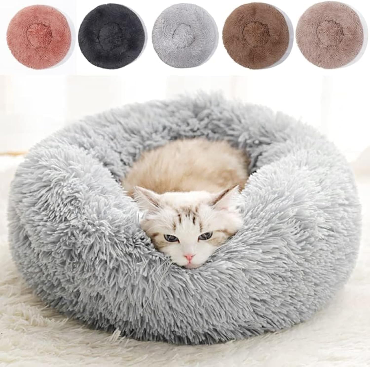 Cat Beds for Indoor Cats – Cat Bed Washable 20/24 inches, Dog Beds for Small Medium Dogs, Anti Anxiety Round Fluffy Plush Faux Fur Pet Bed, Thick Bottom (Light Grey, Medium)