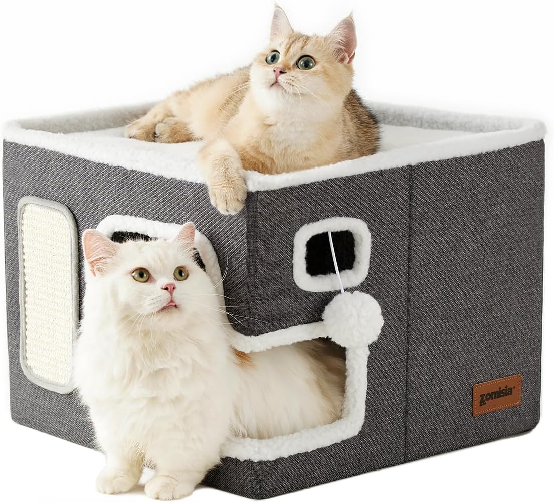 Cat Beds for Indoor Cats – Large Cat House for Pet with Fluffy Ball Hanging and Scratch Pad, Foldable Cat Hideaway,16.5×16.5×13 inches, Grey