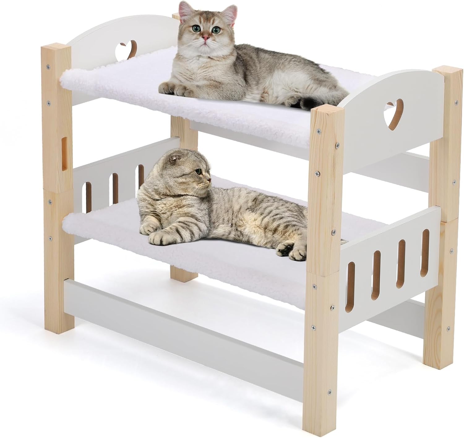Cat Hammock Beds, 2 Layers Elevated Cat Beds for Indoor Cats, Sturdy Pine Wooden Cat Furniture for Puppy Small pets, Raised Cat Bed with Soft Plush Sheets for Better Sleep, Love Pattern, 22″L x 12.6″D