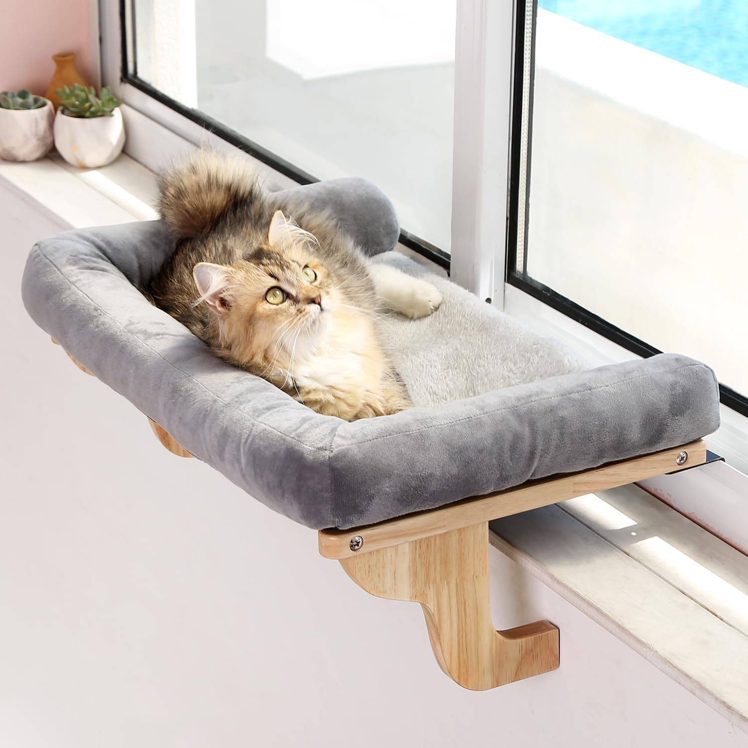 Cat Perch for Window Sill with Bolster – Orthopedic Hammock Design with Premium Hardwood & Robust Metal Frame – Cat Window Seat for Large Cats and Kittens – Natural Color Wood with Gray Bed