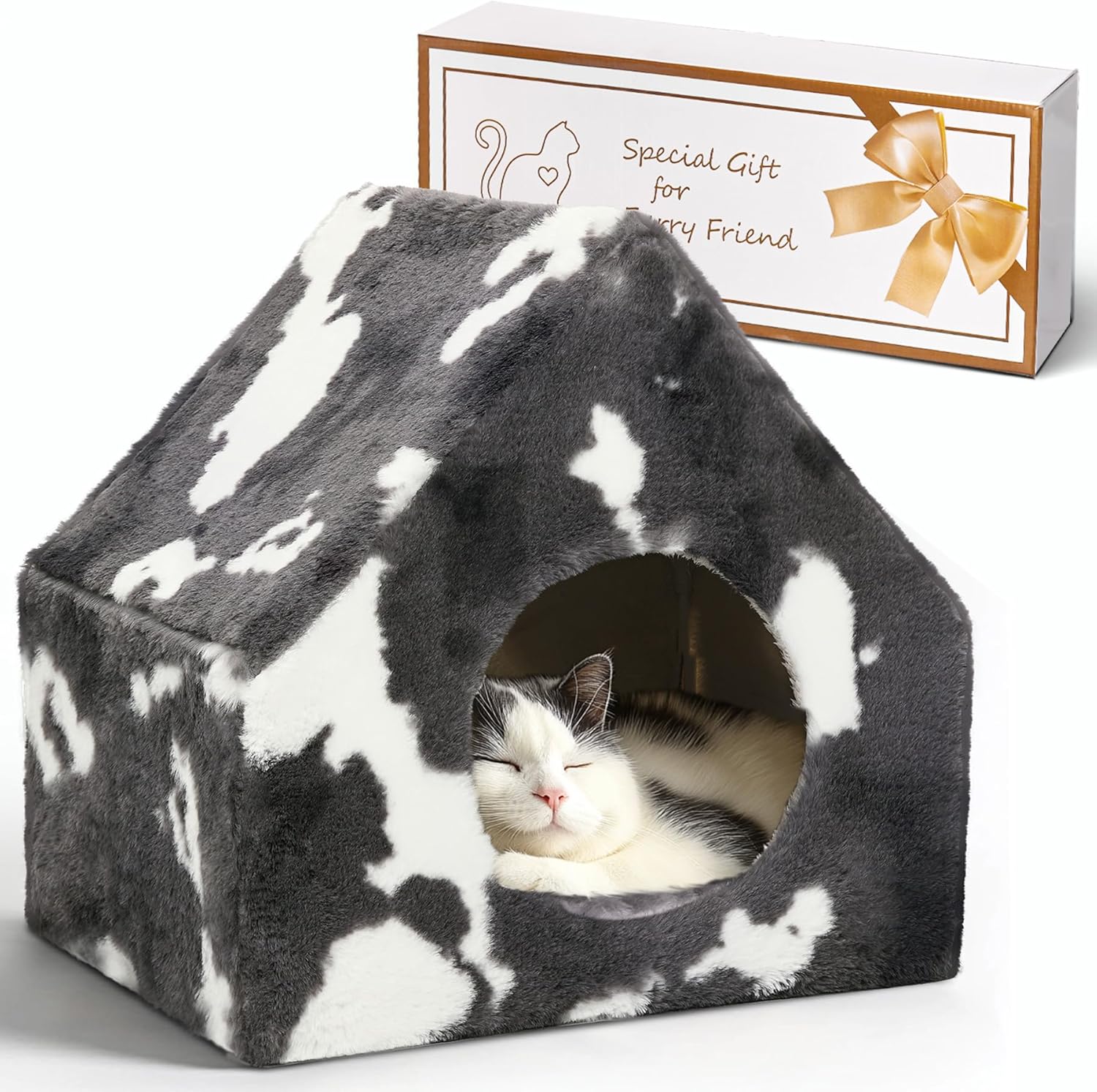 ComSaf Cat Bed Cave House – Winter Pet House with Fluffy Covered Cat Beds for Indoor Cats, Detachable Washable Plush Cat Hideaway Cat Hut for Kitten Rabbit, Sturdy Cat Beds & Furniture Cat Gifts, Grey