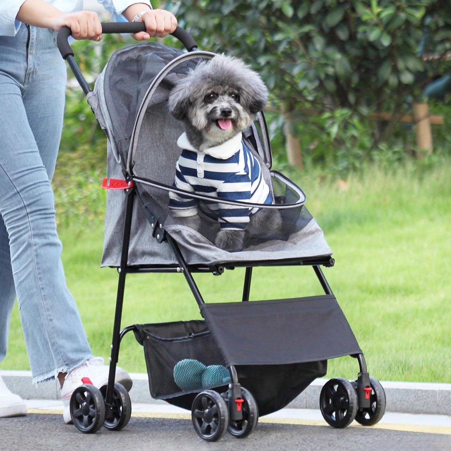 Coziwow 4 Wheels Pet Stroller, Foldable Puppy Stroller with Weather Cover, and Storage Basket for Small Medium Dogs and Cats, Black + Gray