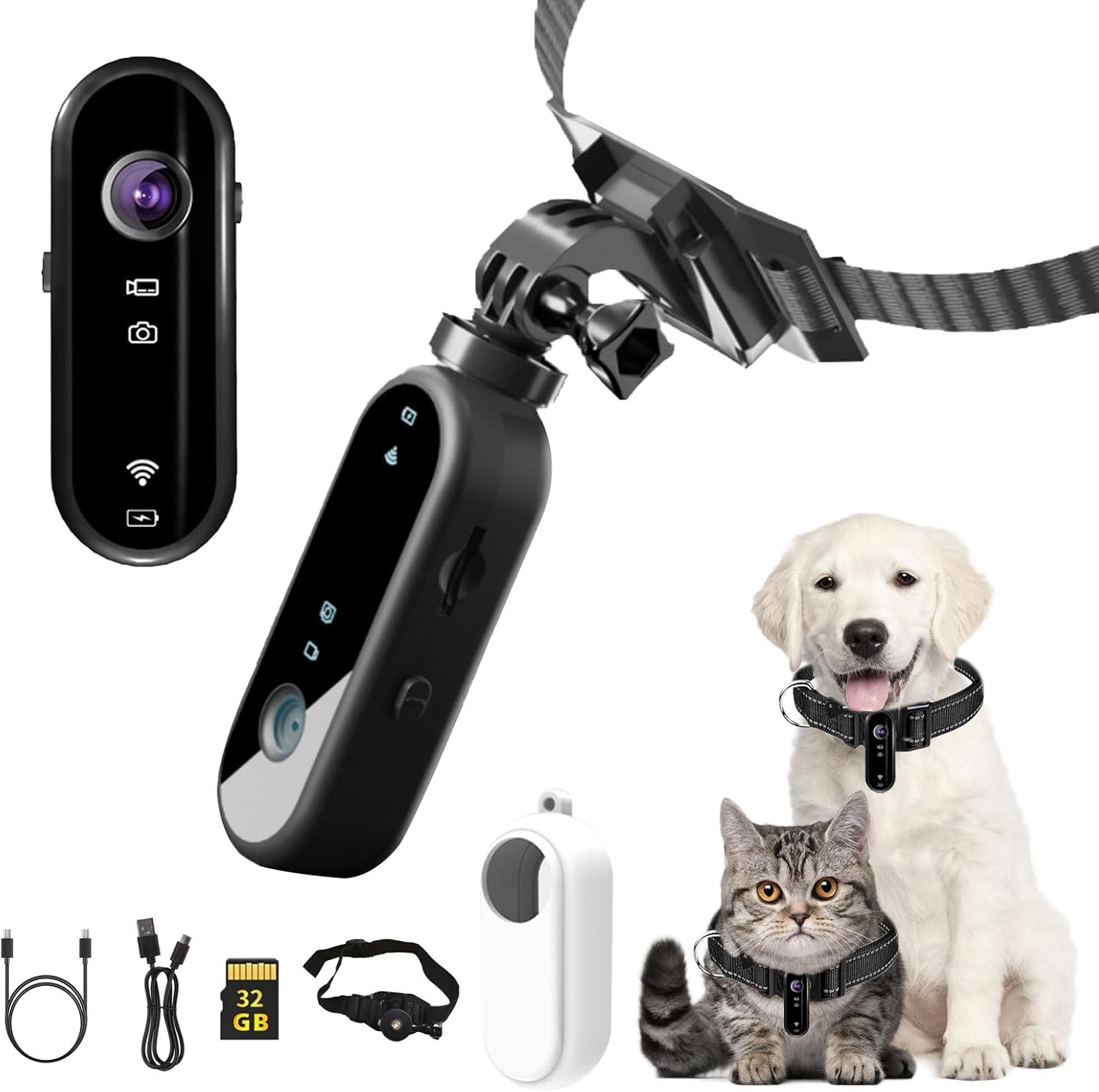 Dog Collar Camera, HD 1080P Pet Collar Camera with Phone App, 360° Rotating Cat Collar Camera with 32GB SD, Mini Action Camera for Video Records Pets Dogs Cats Indoor Outdoor Present White
