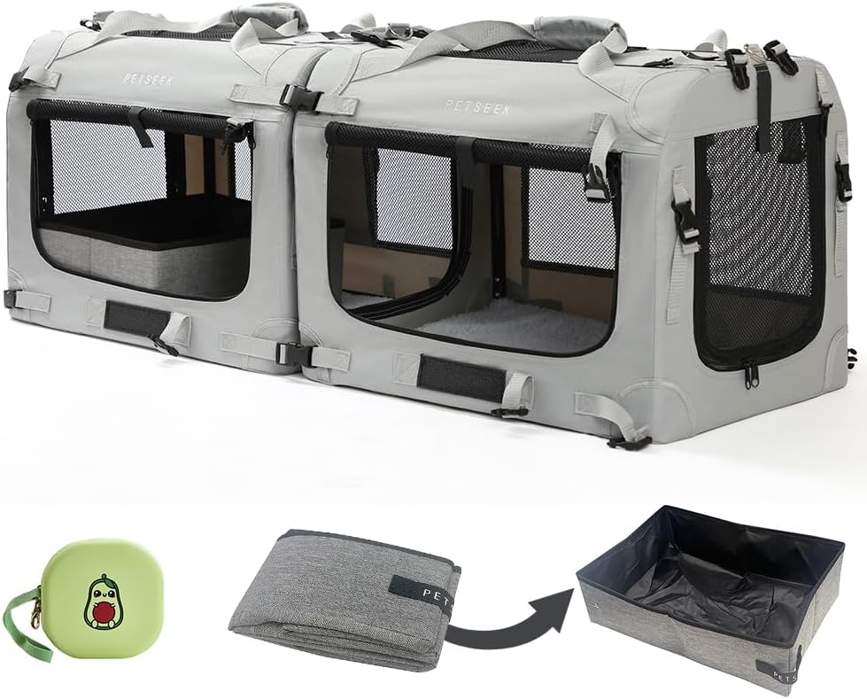 Extra Large Cat Carrier Soft Sided Folding Small Medium Dog Pet Carrier 24″x16.5″x16″ 2 Pack Travel Collapsible Ventilated Comfortable Design Portable Vehicle(Grey-2+ Litter Box+ Bowls)