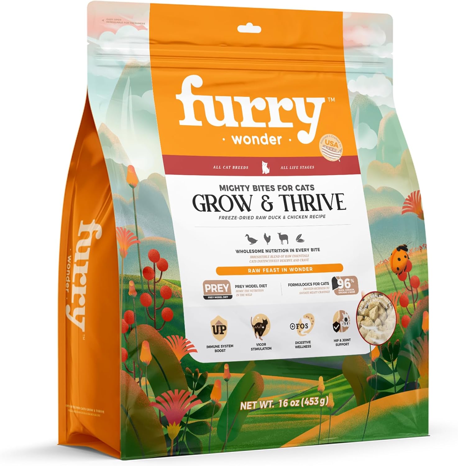 FURRY WONDER Freeze Dried Raw Cat Food Duck and Chicken Recipe 16 Ounce, USA Made High Protein Grain Free Cat Food for Complete Meal or Food Topper, Freeze Dried Raw Diet for Growth & Thrive