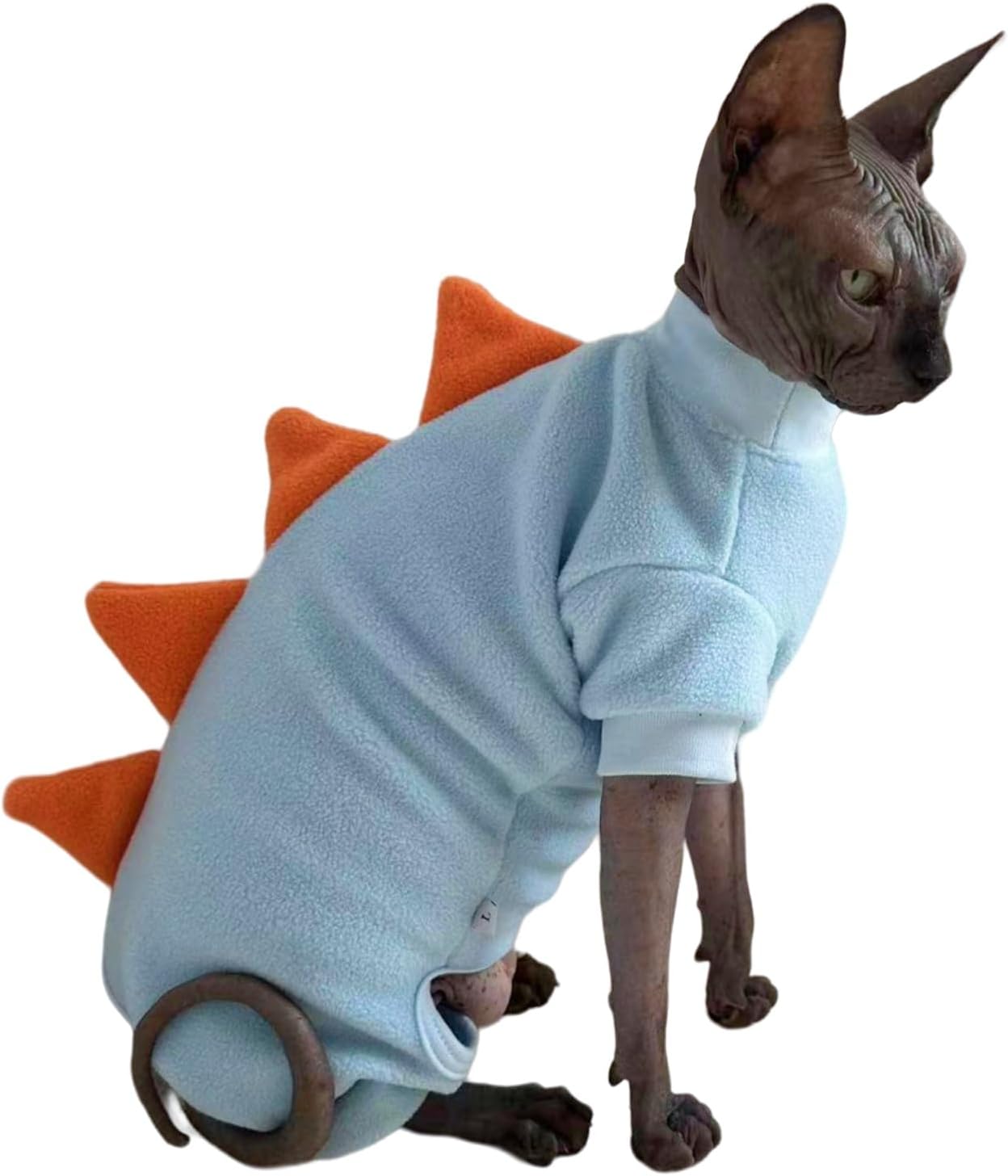 Four Leg Dinosaur Sphynx Cat Clothes Pjamas Hairless Cat Warm Polar Fleece Jumpsuit Elastic Pet Clothes for Sphynx Cat Surgery Recovery Suit Hairless Cat Shirt for Devon, Cornish (SkyBlue, Large)