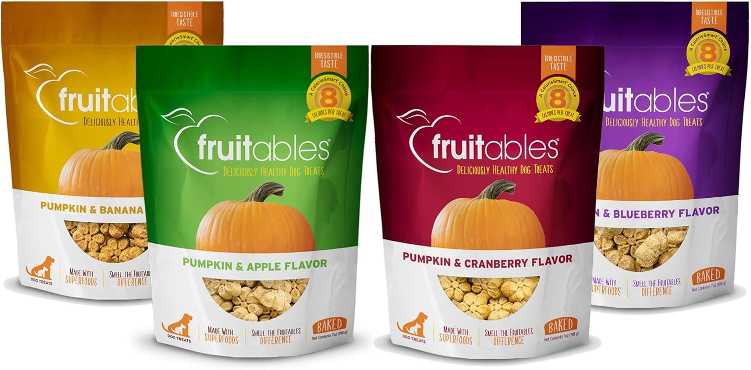 Fruitables Baked Dog Treats Variety 4 Pack (Pumpkin & Apple, Banana, Blueberry, Cranberry) – 7 oz (4 Pack)