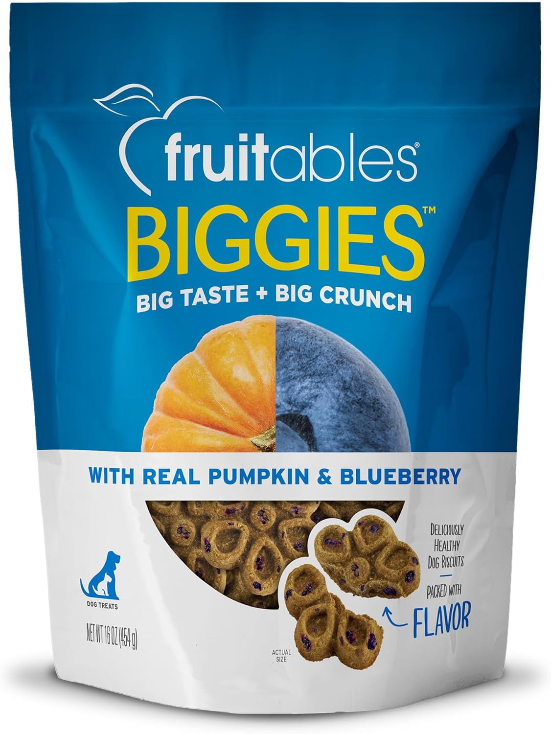 Fruitables Biggies Dog Biscuits – Crunchy Dog Biscuits Made with Pumpkin – Healthy Dog Treats Packed with Real Fruit Flavor – Free of Wheat, Corn and Soy – Pumpkin & Blueberry – 16 oz