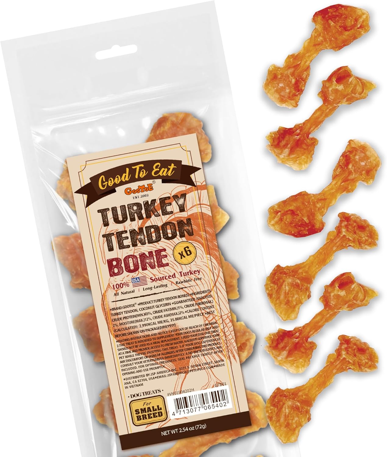 Gootoe Turkey Tendon Dog Treats – 100% USA-Sourced, Natural Snack, Premium Training Chews, Hypoallergenic, Reseal Value Bags, Sizes for Small Medium & Large Dogs (2.54 oz, Bone)