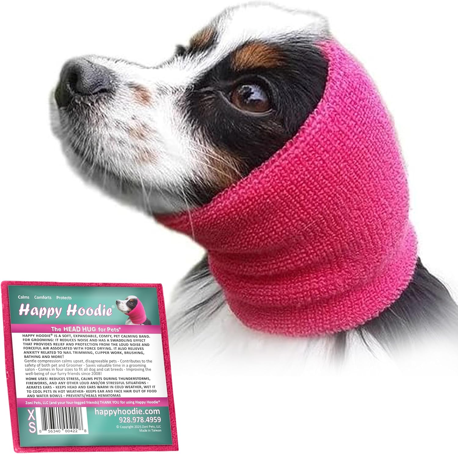 Happy Hoodie The Original Dog & Cat Calming Band, Anxiety Relief/Noise Protection-Grooming-Thunder-Fireworks (XS, Pink)