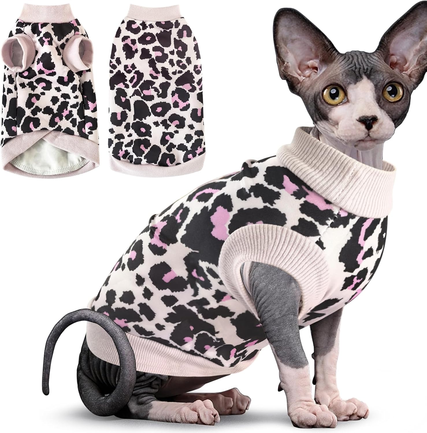Idepet Cat Clothes – Soft Kitten Shirt & Vest Pullover Pajamas Jumpsuit in Leopard Print – Cotton Apparel for Cat & Puppy (Pink, Large)
