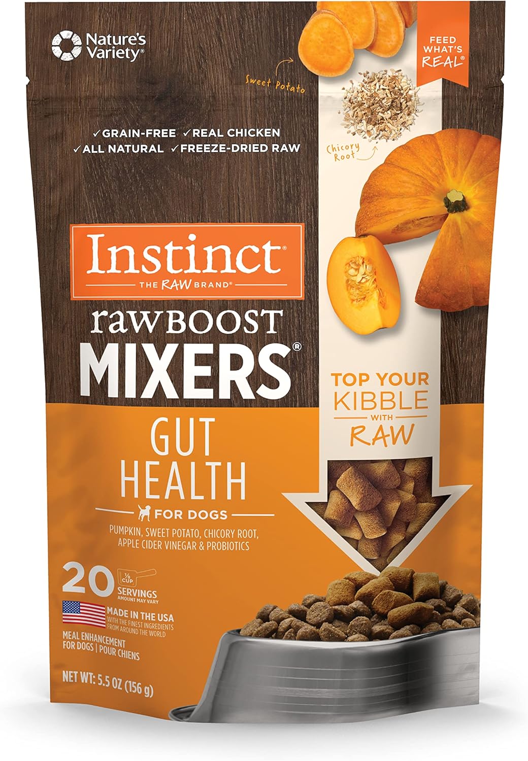 Instinct Raw Boost Mixers, Freeze Dried Dog Food Topper with Functional Ingredients, Grain Free, Real Chicken – Gut Health , 5.5 oz. Bag