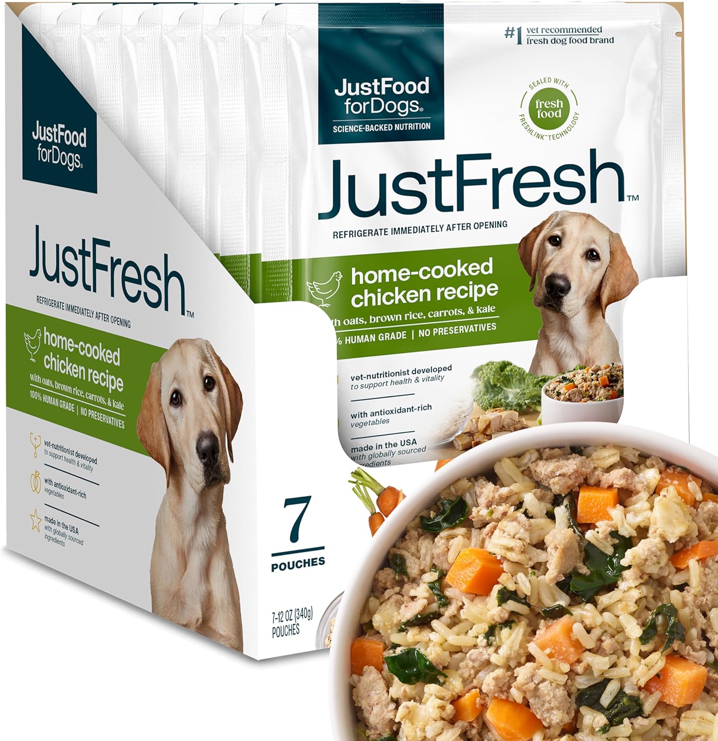 JustFoodForDogs JustFresh Home-Cooked Chicken Dog Food with No Preservatives, Resealable Packaging, Human Grade Wet Dog Food, 12 oz – 7 Pack