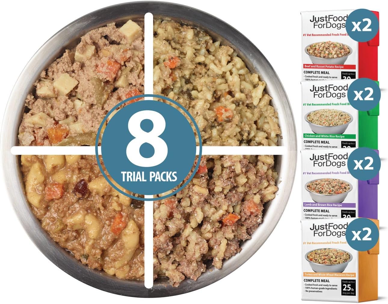 JustFoodForDogs Pantry Fresh Dog Food Variety Pack, Complete Meal or Dog Food Topper, Beef, Chicken, Turkey, & Lamb Human Grade Dog Food Recipe – 12.5 oz (Pack of 8)