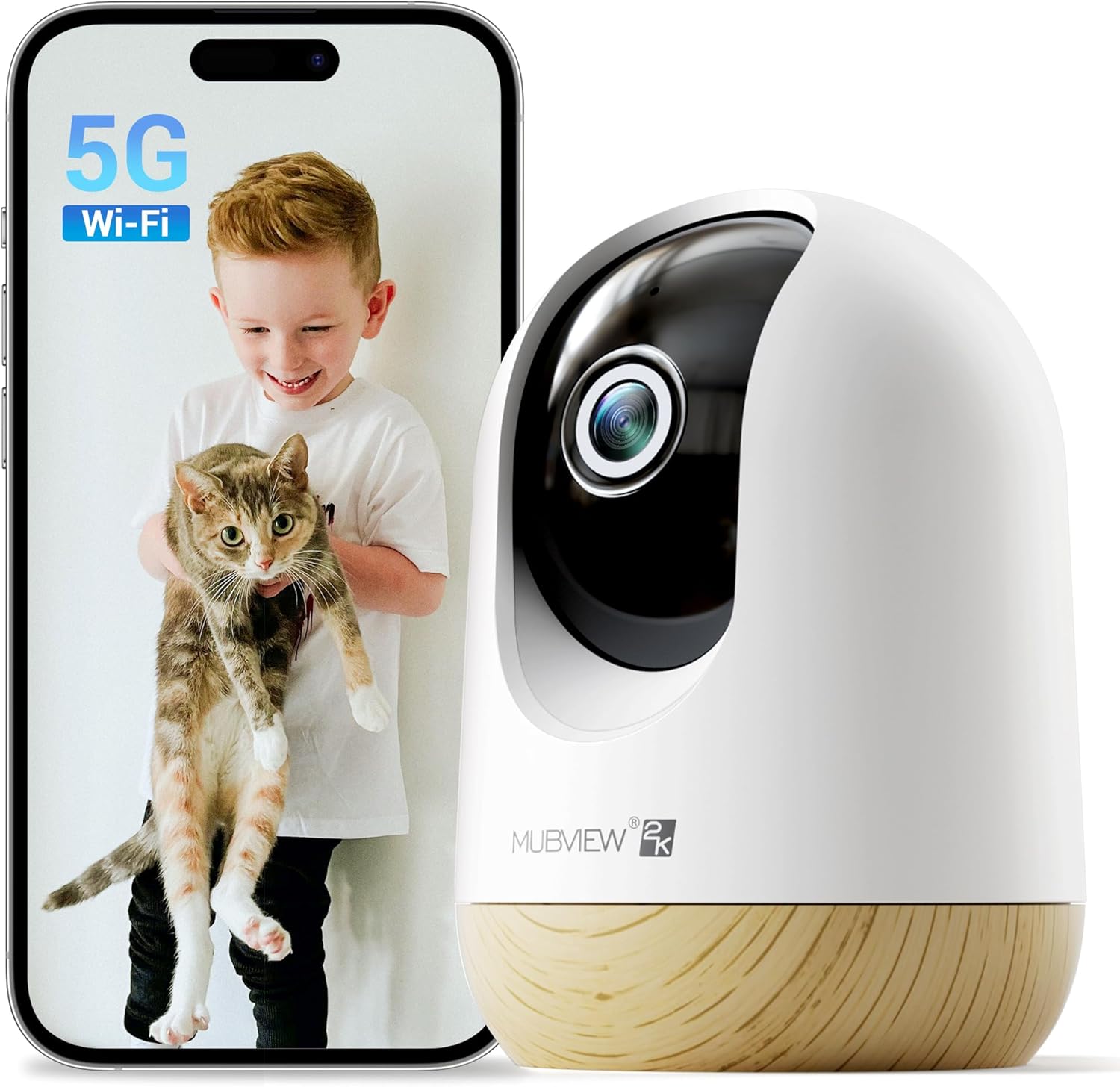 MUBVIEW 5G WiFi Indoor Security Camera No Subscription, Pet Indoor with Phone App, Baby Monitor WiFi Smartphone, 2K Night Vision Pan-Tilt Dog Camera, Auto Tracking, 2-Way Audio, Local&Cloud Storage