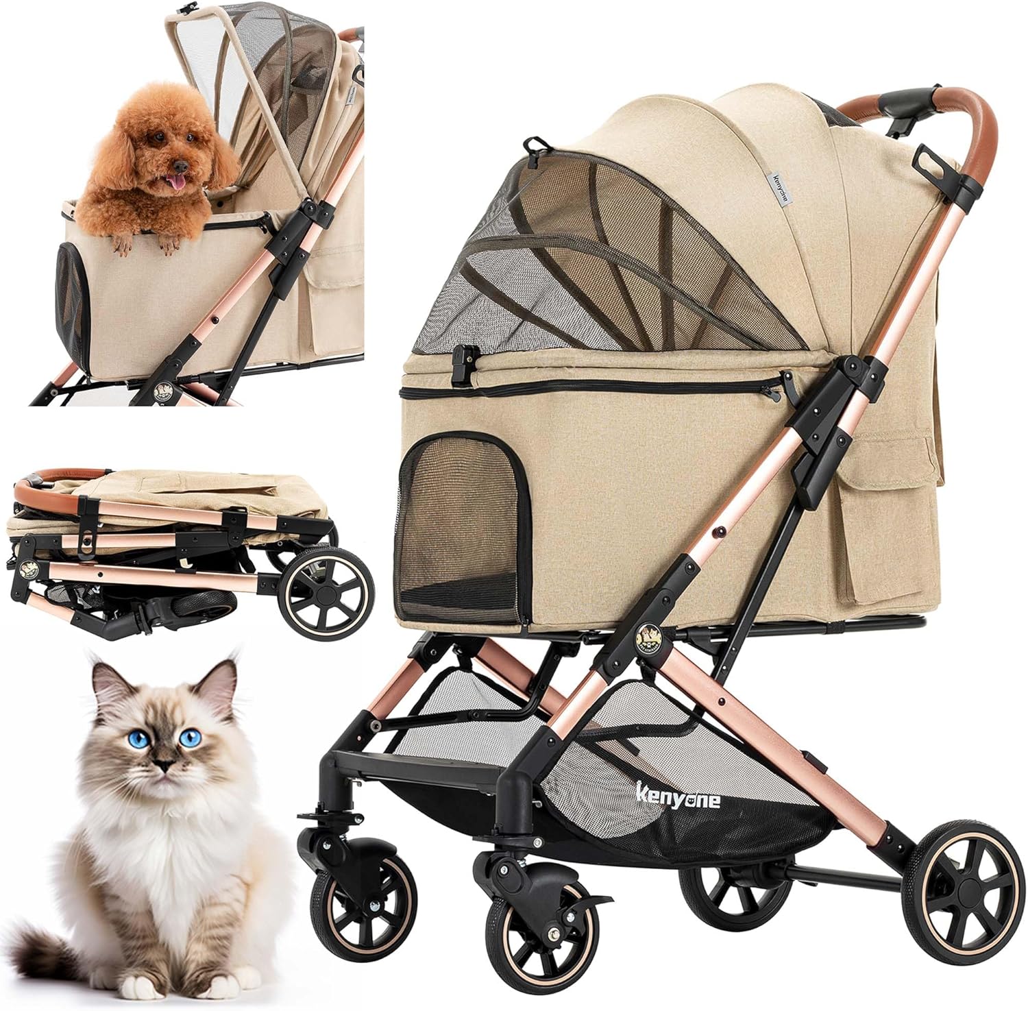 Medium Dog Stroller, Kenyone Pet Stroller for Medium Dogs Up to 55lbs, Lightweight Aluminum Frame, One Click Folding, Large Cat Stroller with No Zip Entry, Detachable Mesh, Multiple Pockets
