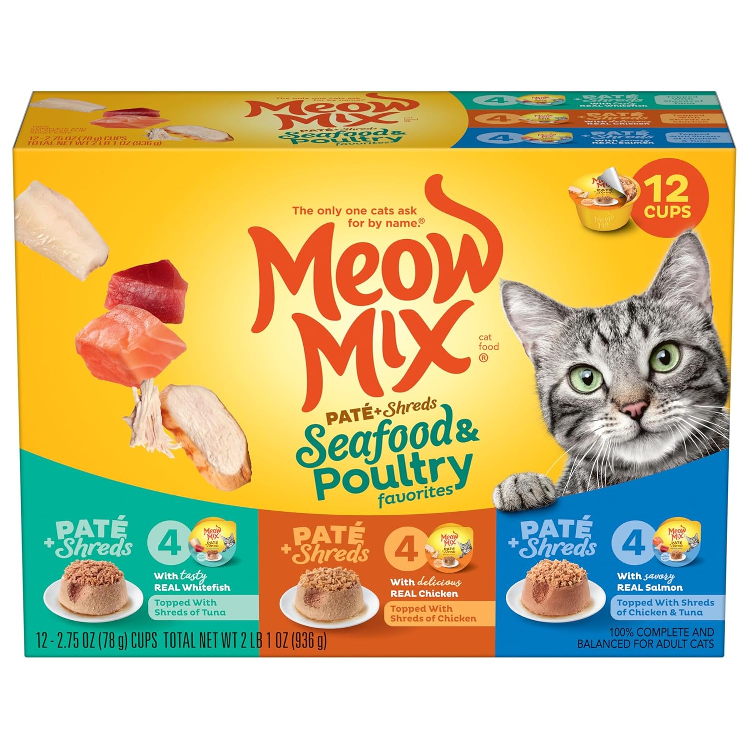 Meow Mix Paté & Shreds Wet Cat Food Variety Pack, Seafood & Poultry Favorites, 2.75 Ounce Cup (Pack of 12)