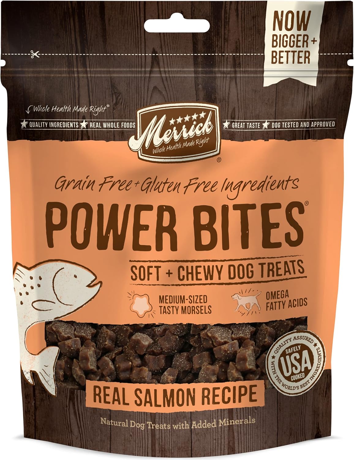 Merrick Power Bites Natural Soft And Chewy Real Meat Dog Treats, Grain Free Snack With Real Salmon Recipe – 6 oz. Bag
