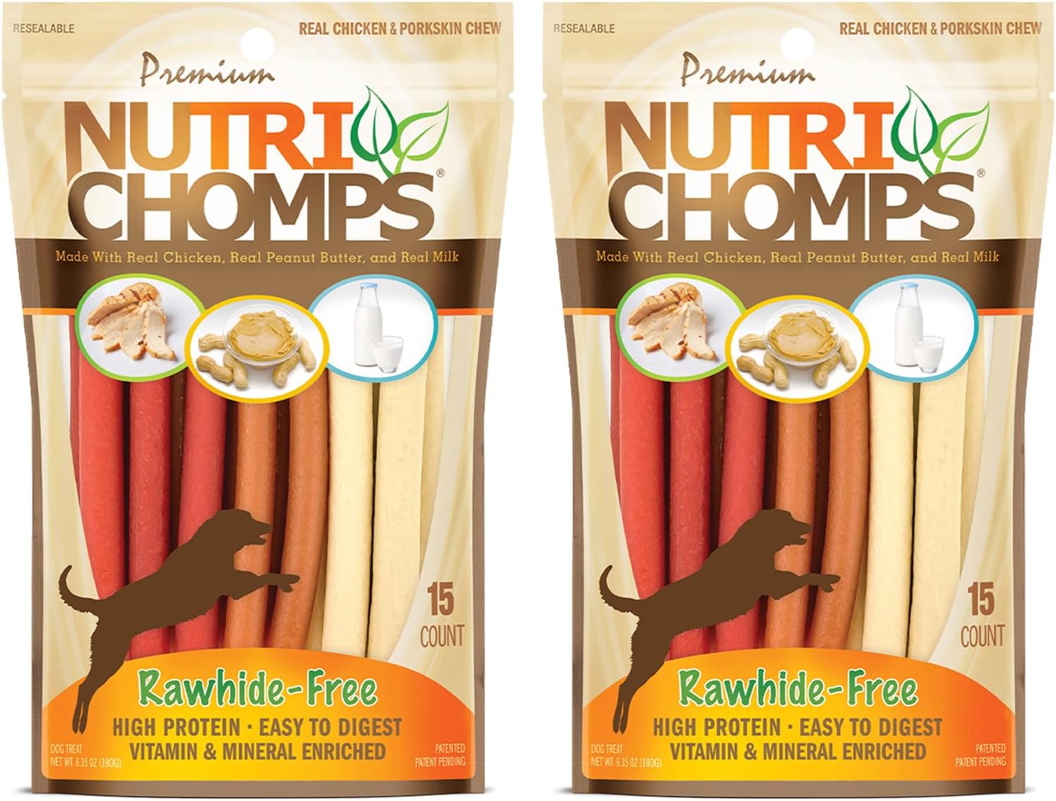 NutriChomps Dog Chews, 5-inch Twists, Easy to Digest, Rawhide-Free Dog Treats, 15 Count, Real Chicken, Peanut Butter and Milk Flavors, Bundle of 2, Brown, red, Cream (NT051V-2)