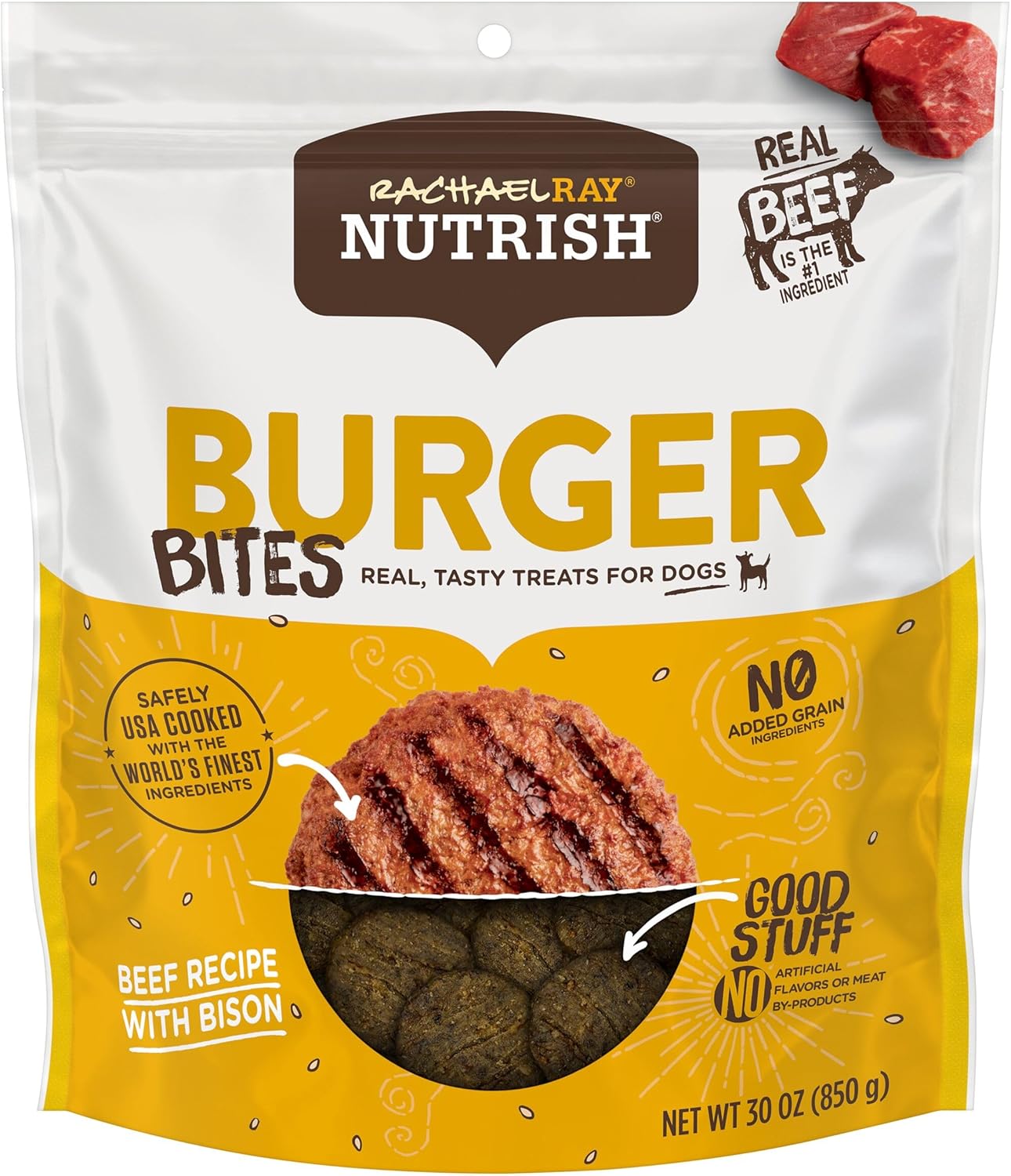 Nutrish Rachael Ray Burger Bites Real Meat Dog Treats, Beef Burger with Bison Recipe, 30 Ounces (Pack of 1), Grain Free