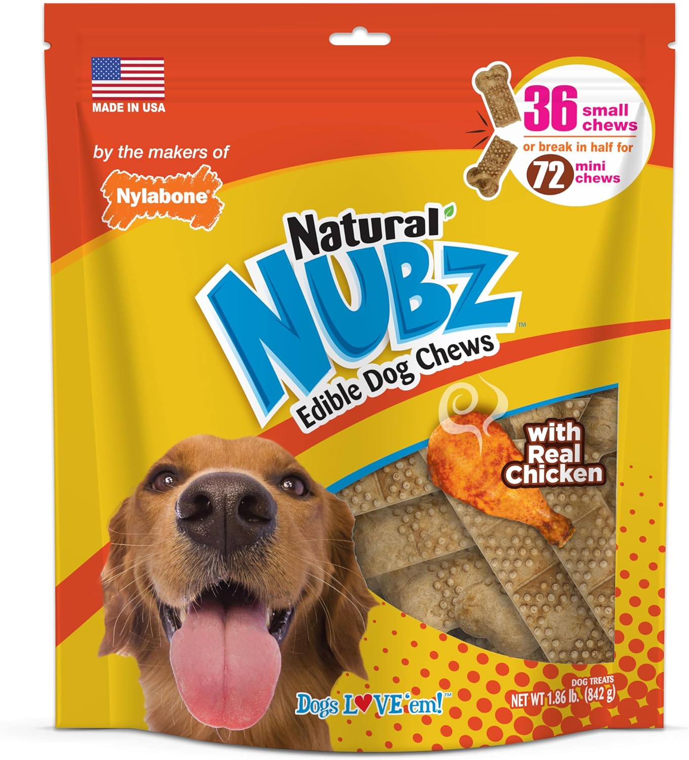 Nylabone Nubz Natural Edible Chew Treats for Dogs, Long Lasting Chews Made in USA, Chicken Flavor, Small – Up to 25 lbs. (36 Count)