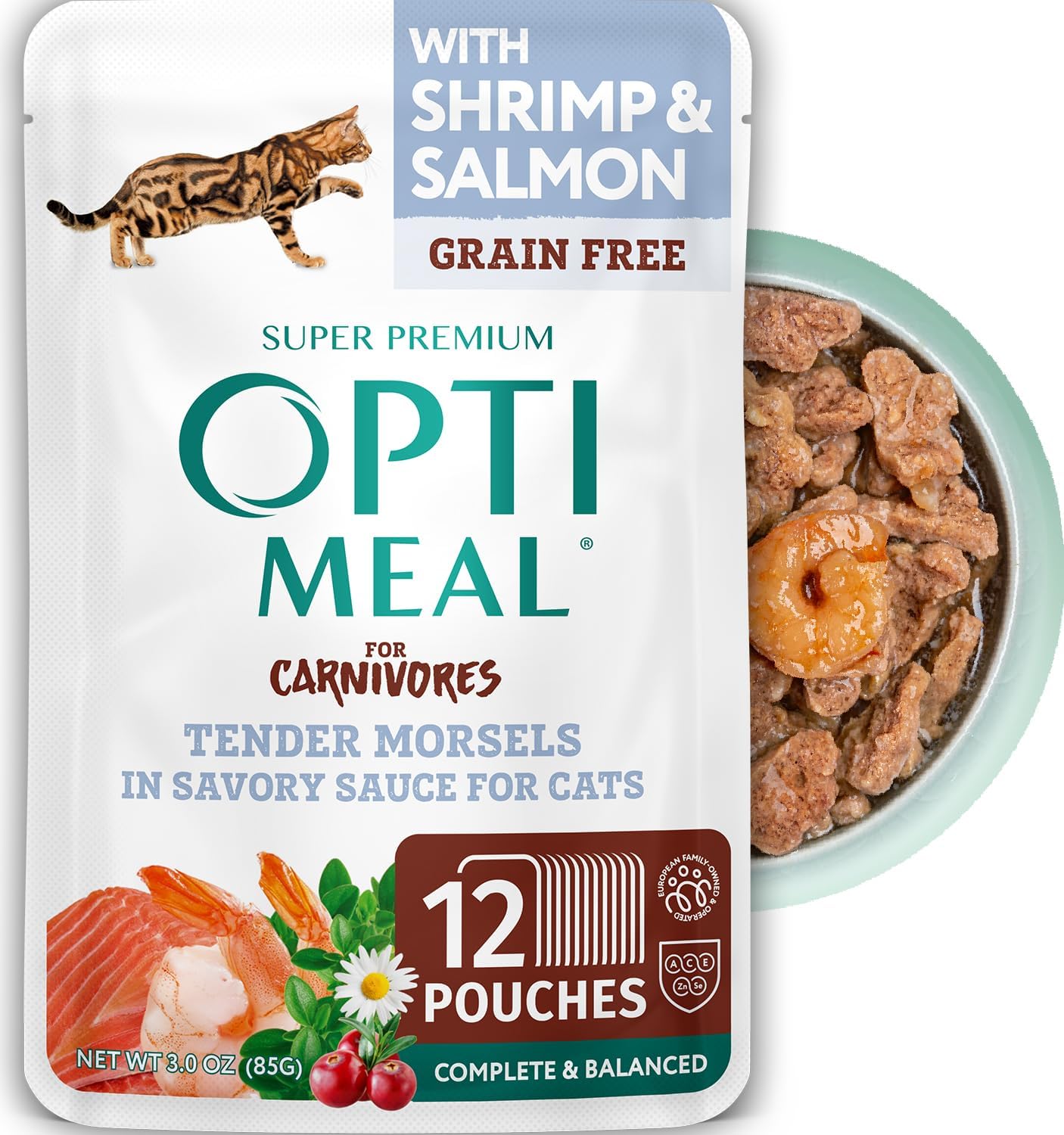 Optimeal Grain-Free Wet Cat Food – Shrimp & Salmon Recipe, High Protein & Moisture Rich Indoor Adult Cats Food, Tender Morsels in Savory Gravy Natural Ingredients – 3 oz Pouches, 12 Pack