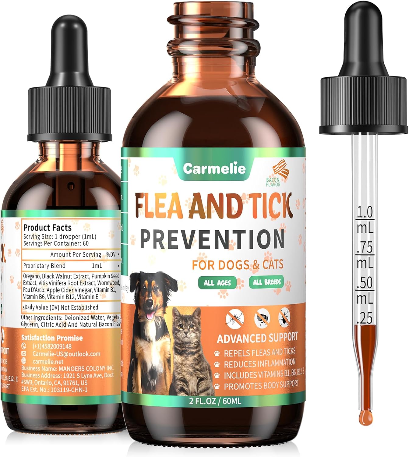 Oral Flea and Tick Prevention for Dogs and Cats, Natural Dog Flea and Tick Treatment, Cat Flea Control Medicine & Treatment, Flea Drops Supplements with Vitamin for Pets – All Breeds and Ages – Bacon