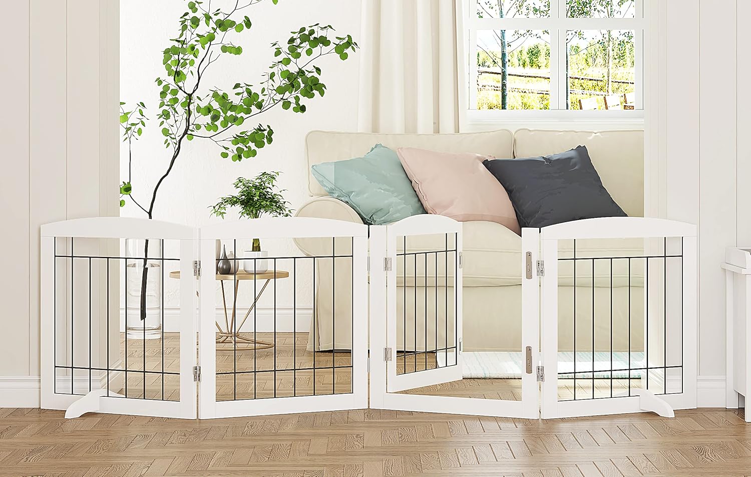 PAWLAND Freestanding Dog gate with Walk Through Door, Dog Gates for Doorways, The House, Stairs, 80″ Wide Pet Puppy Safety Fence with Support Feet, 4 Panels, White