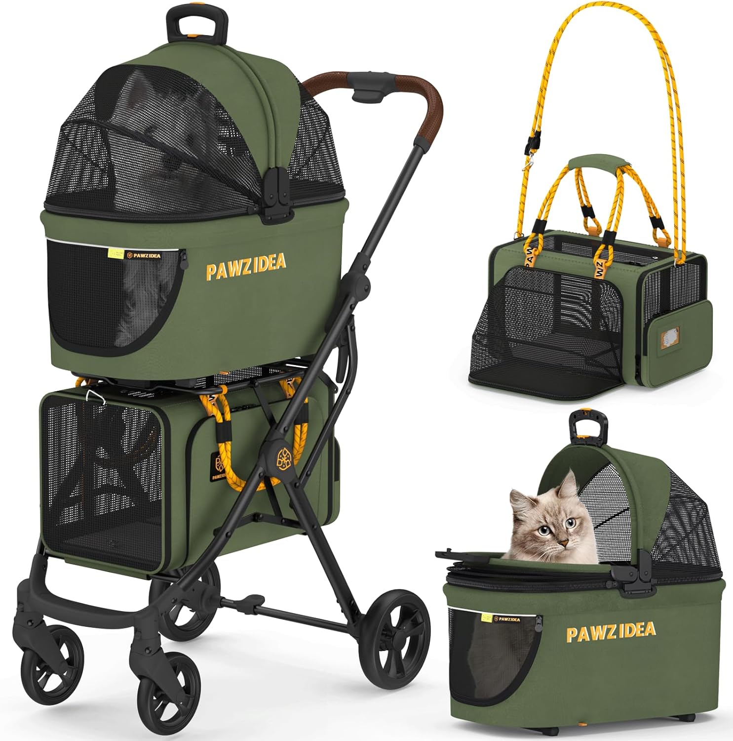 PAWZIDEA Double Pet Stroller with 2 Detachable Carriers, TSA Approved Expandable Cat Carrier Bag, Double Dog Stroller with Removable Carrier, Foldable Pet Travel Car Seat for Small/Medium 2 Dogs Cats