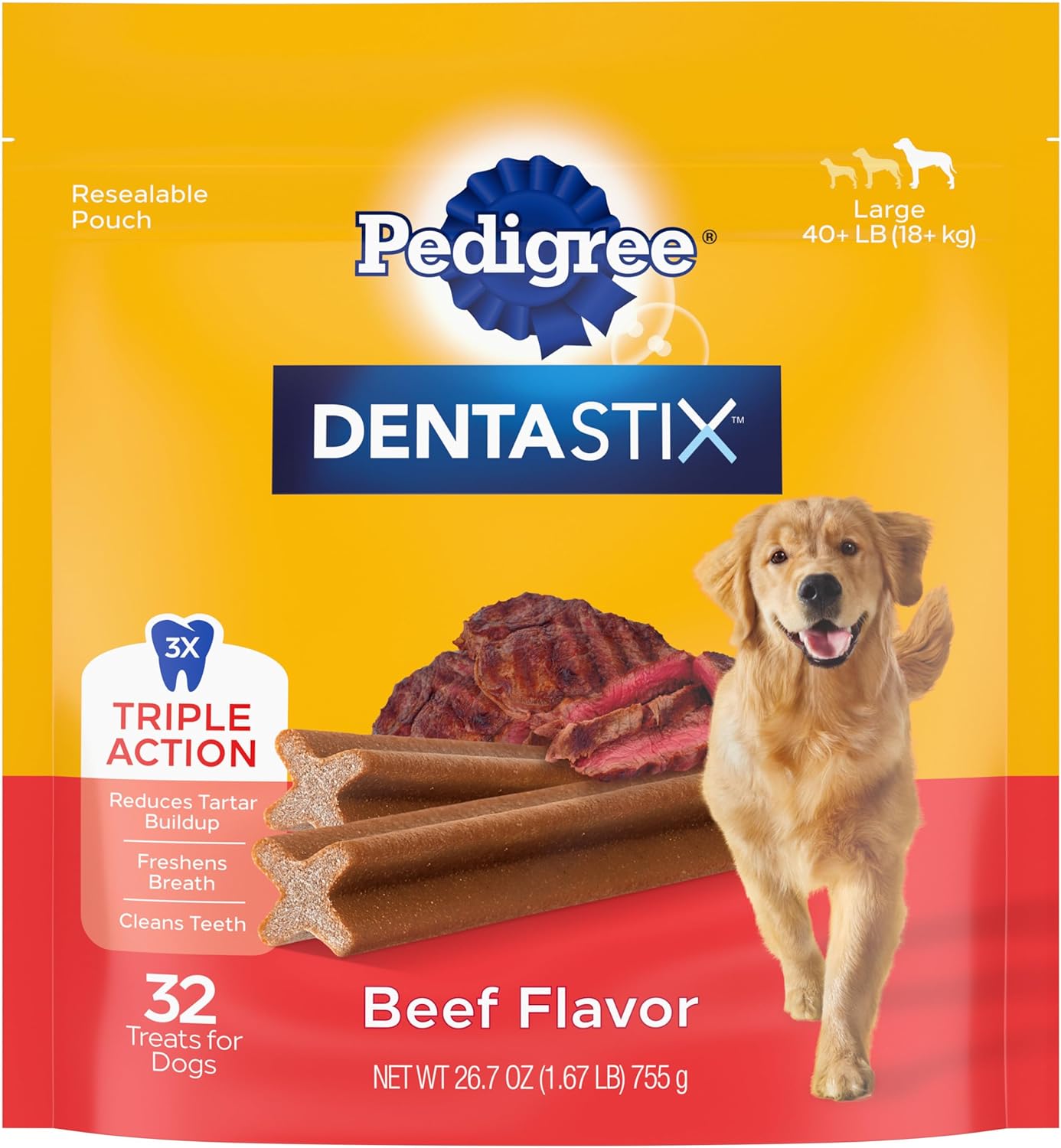 Pedigree Dentastix Large Dog Dental Treats Beef Flavor Dental Bones, 1.67 lb. Pack (32 Treats)