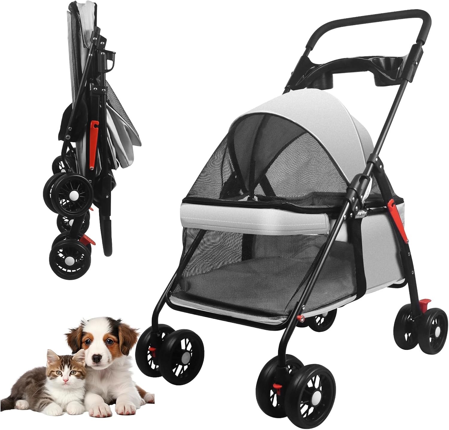 Pet Dog Cat Stroller with Foldable Dog Cat Cage Jogger Stroller with Storage Basket and Cup Holder,4 Wheels for Medium/Small Dogs and Cats, with Cup Holder (Grey)