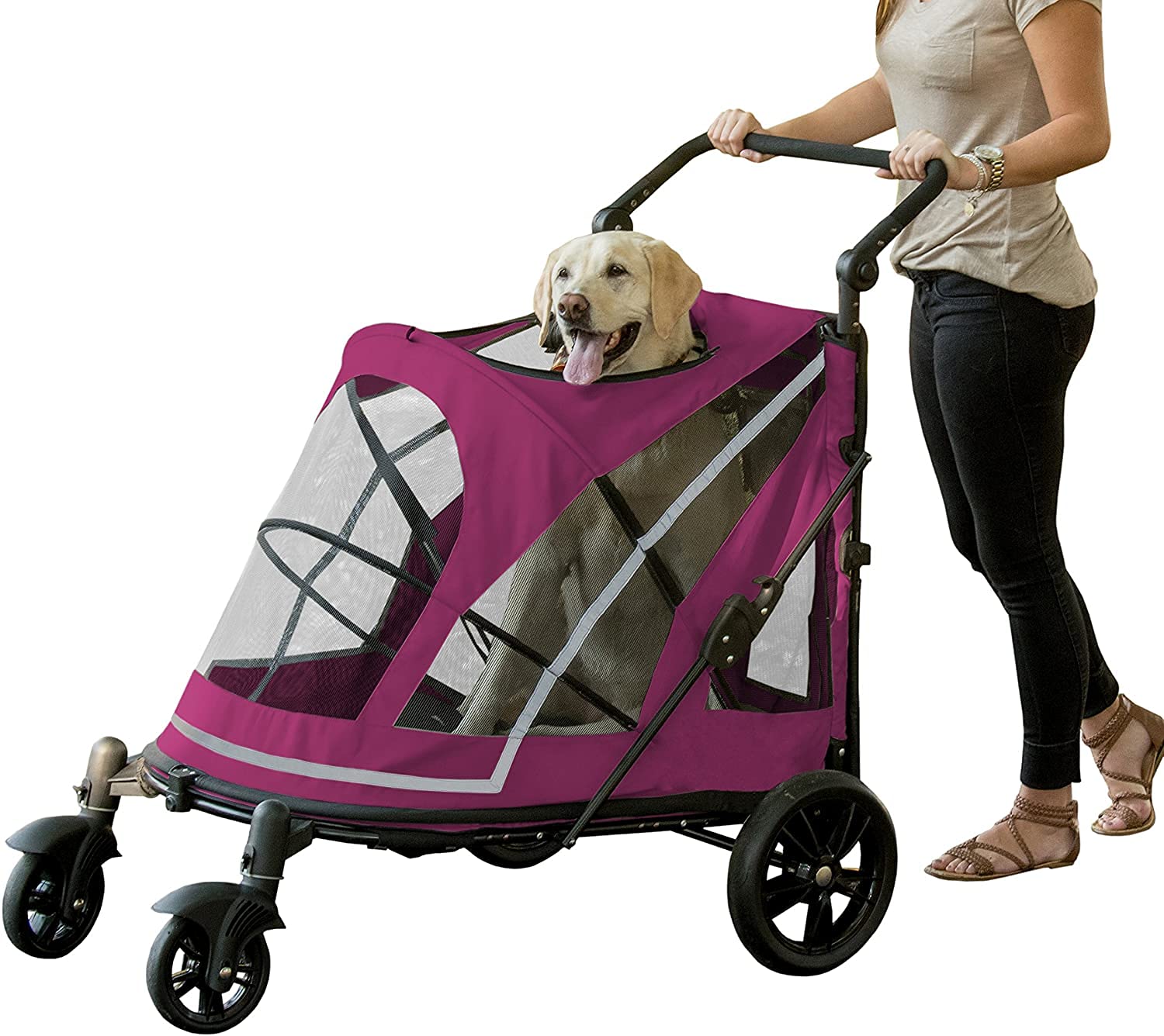 Pet Gear NO-Zip Pet Stroller with Dual Entry, Push Button Zipperless Entry for Single or Multiple Dogs/Cats, Pet Can Easily Walk in/Out, No Need to Lift Pet, Gel-Filled Tires