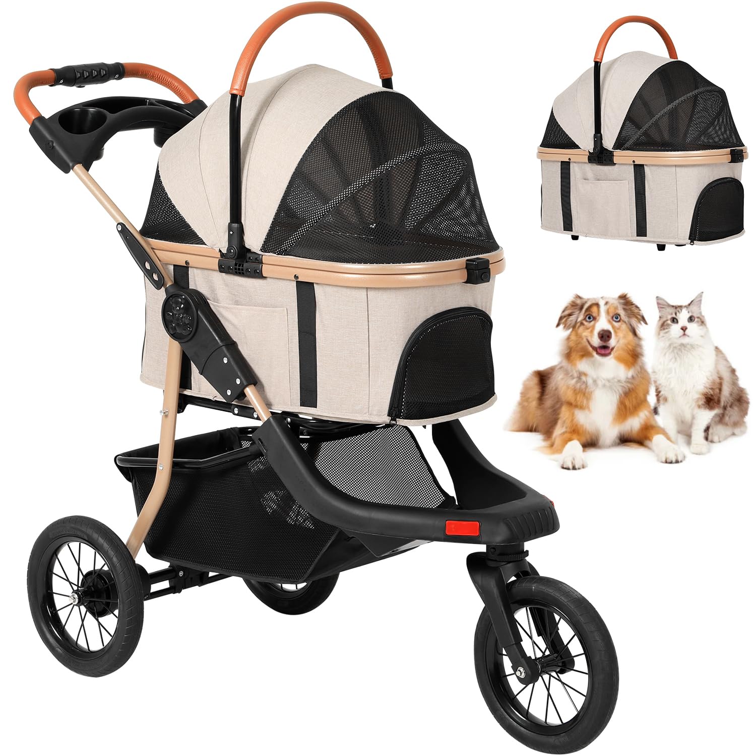Pet Stroller, Premium 3-in-1 Large Dog Strollers for Cats/Dogs with Detachable Carrier, Zipperless Dual Entry, Foldable Jogging Travel, Rubber Tires, 3-Wheel