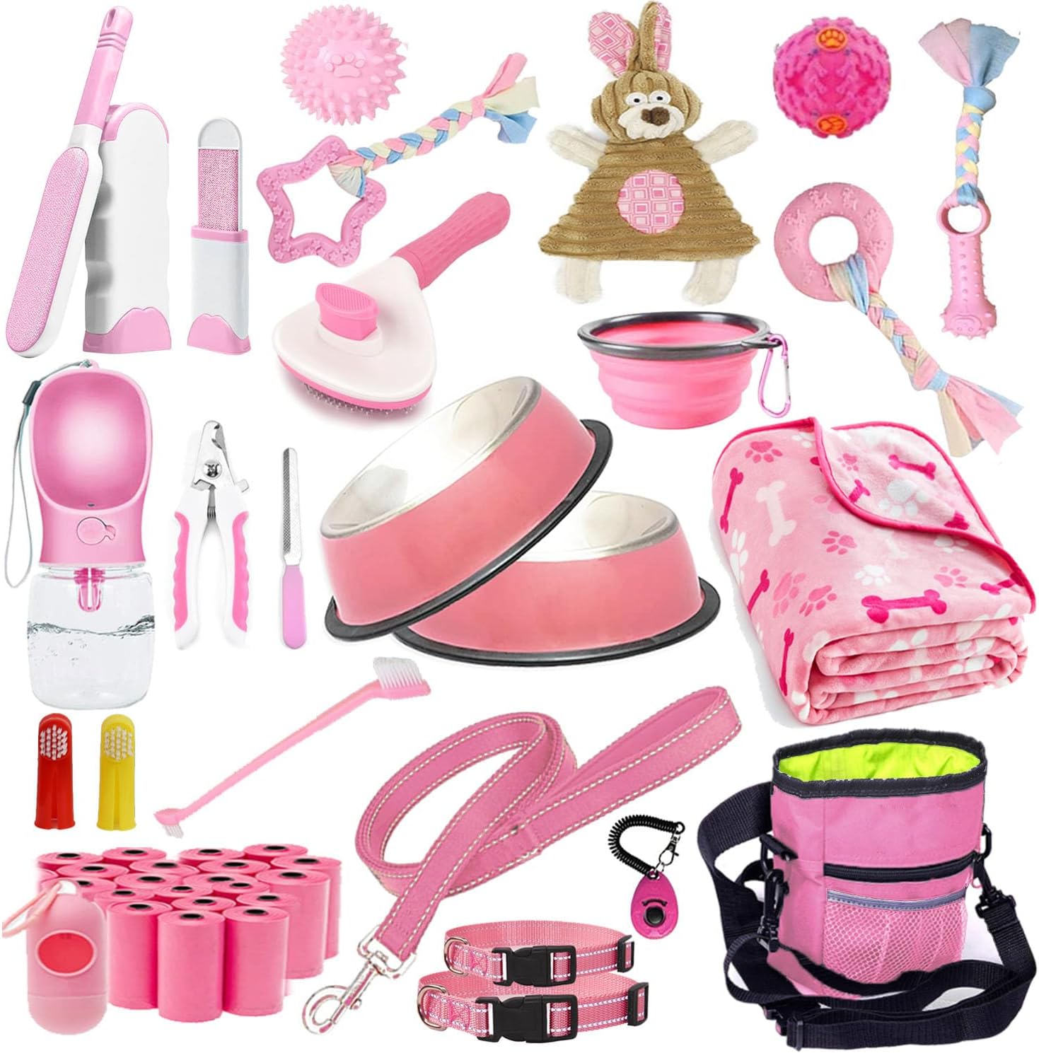 Puppy Supplies Starter Kit – 39-Piece Set of Puppy Essentials and Dog Stuff.Includes Dog Leash, Toys, Bowl, Brushes,and More.Perfect Welcome Home Present for Your New Puppies-Pink