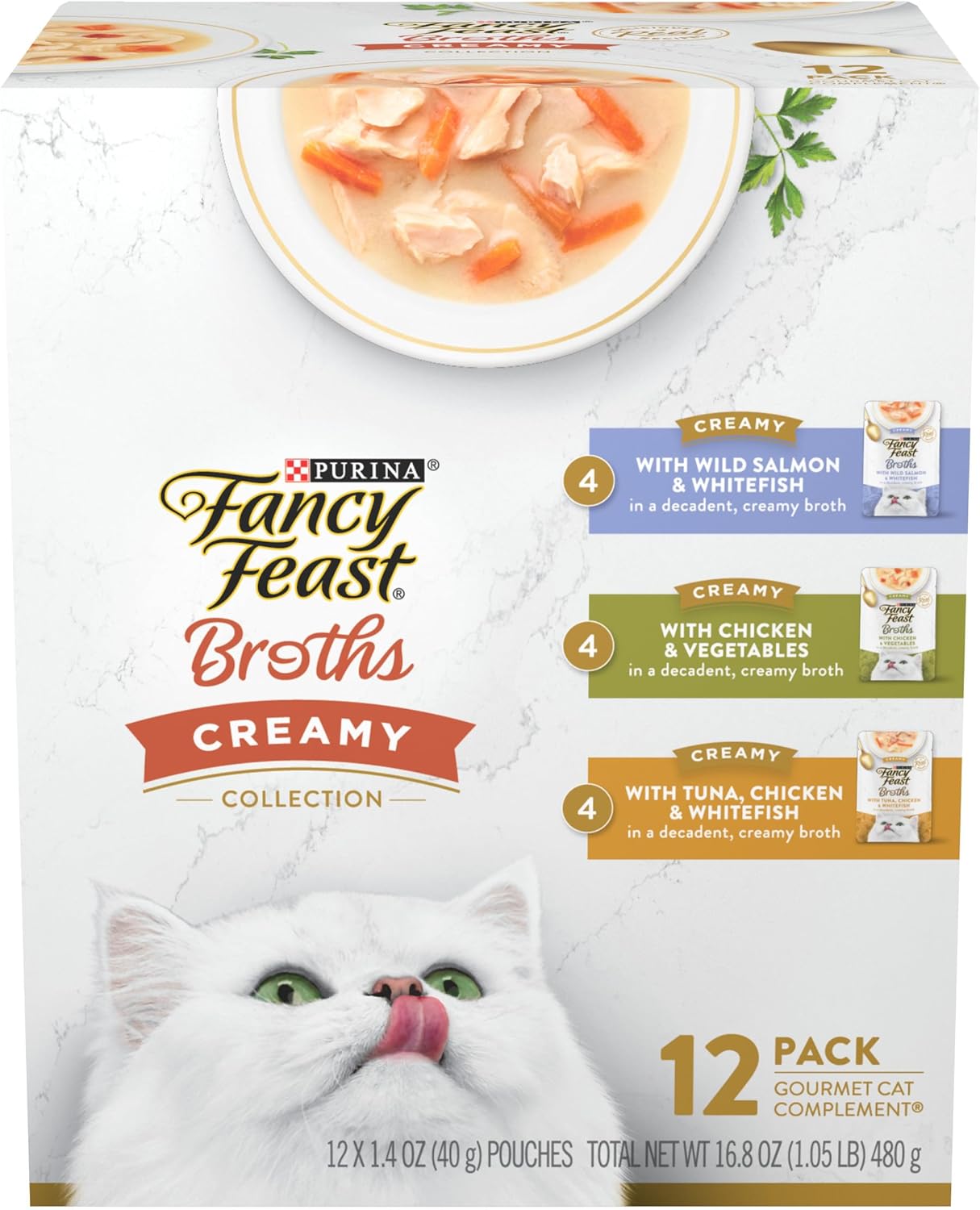 Purina Fancy Feast Lickable Broth Topper Complement Creamy Wet Cat Food Variety Pack – (Pack of 12) 1.4 oz. Pouches
