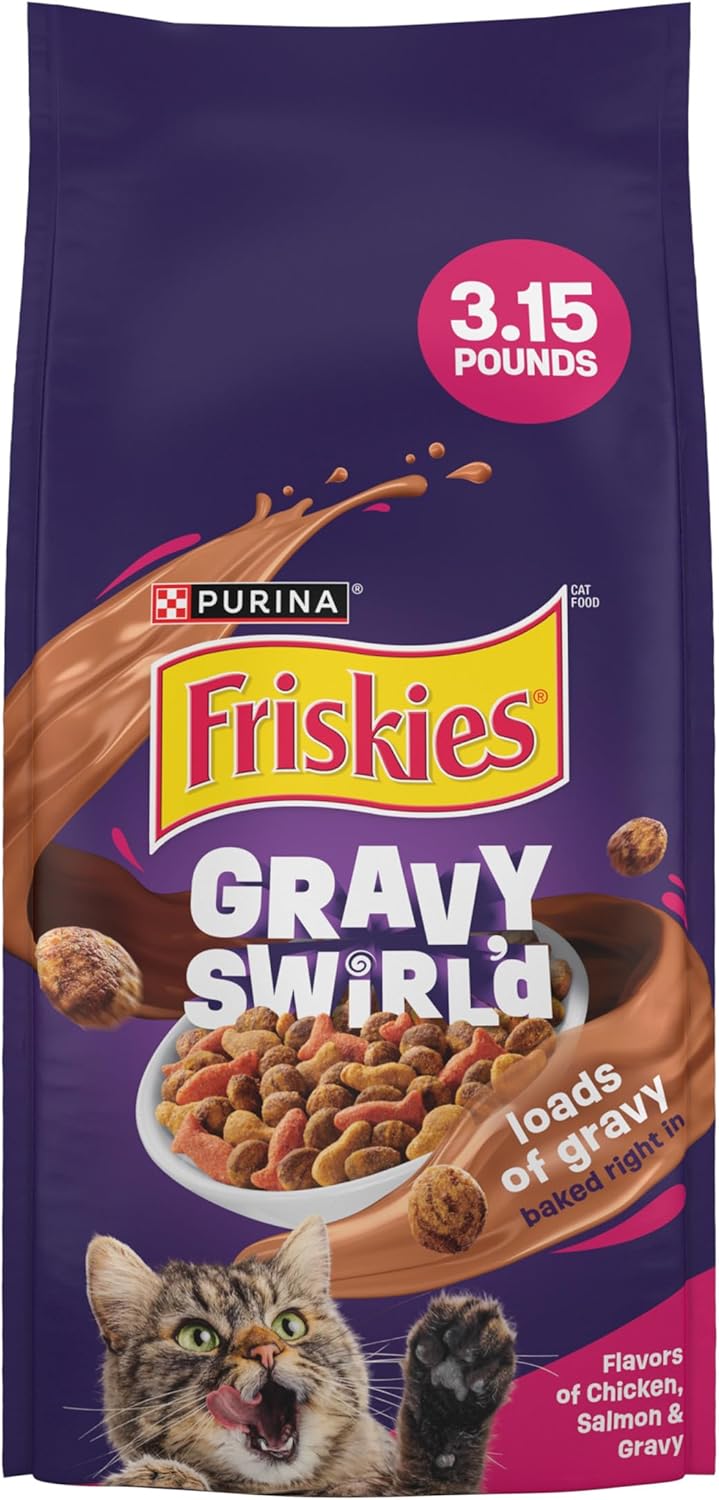 Purina Friskies Dry Cat Food Gravy Swirl’d With Flavors of Chicken, Salmon and Gravy – 3.15 lb. Bag