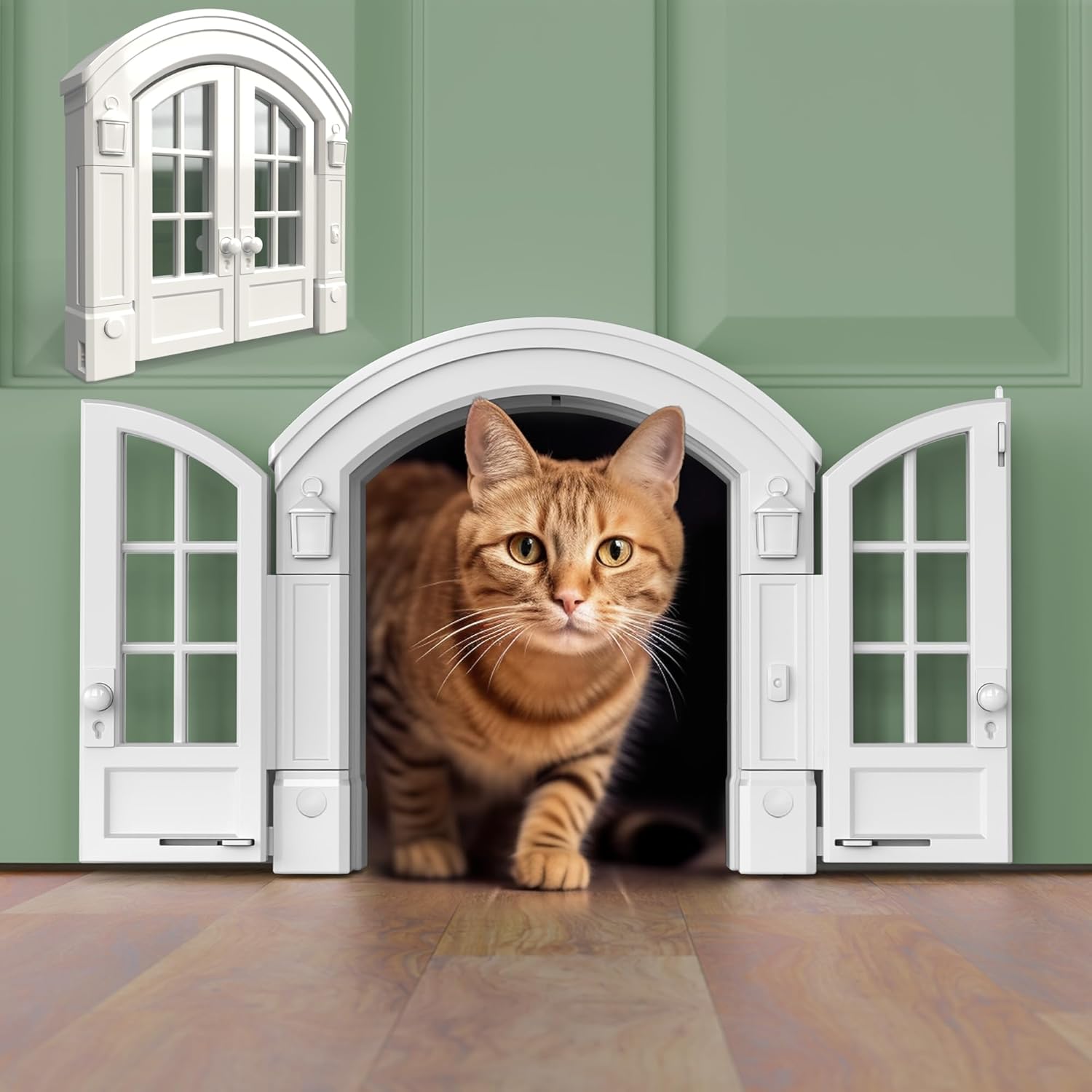 Purrfect Portal French Cat Door – Stylish No-Flap Cat Door Interior Door for Average-Sized Cats Up to 20 lbs, Easy DIY Setup, Secured Installation in Minutes, No Training Needed, 7.13 x 8.32”