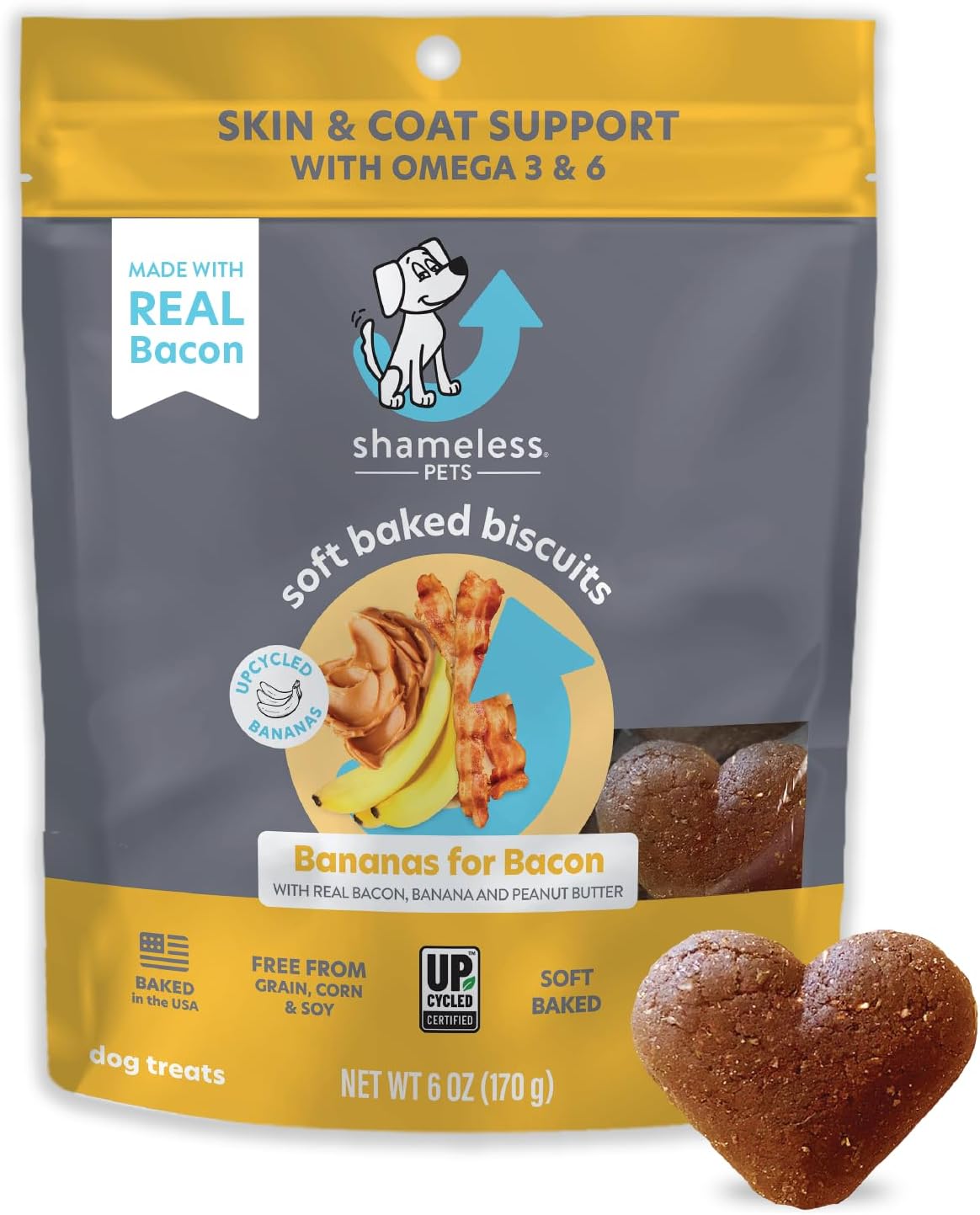 Shameless Pets Soft-Baked Dog Treats, Bananas for Bacon – Natural & Healthy Dog Chews for Skin & Coat Support with Omega 3 & 6 – Dog Biscuits Baked & Made in USA, Free from Grain, Corn & Soy – 1-Pack