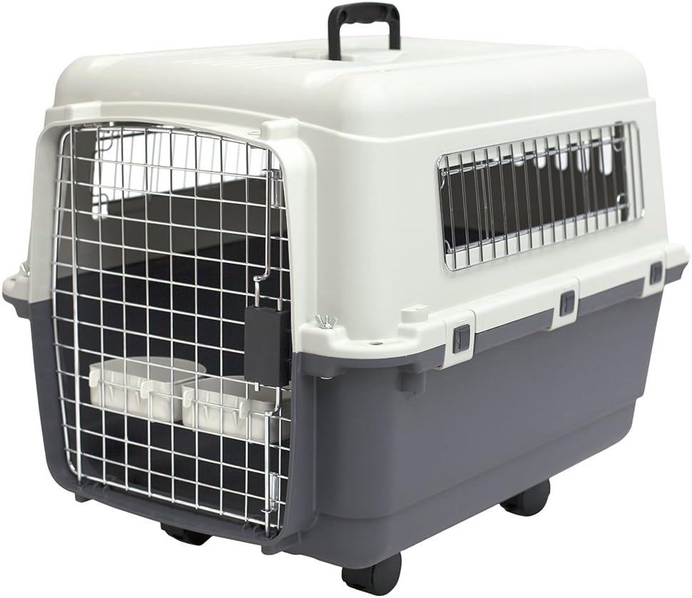 SportPet Designs Plastic Kennels Rolling Plastic Wire Door Travel Dog Crate – Medium, Gray (CM-2001-CS01)