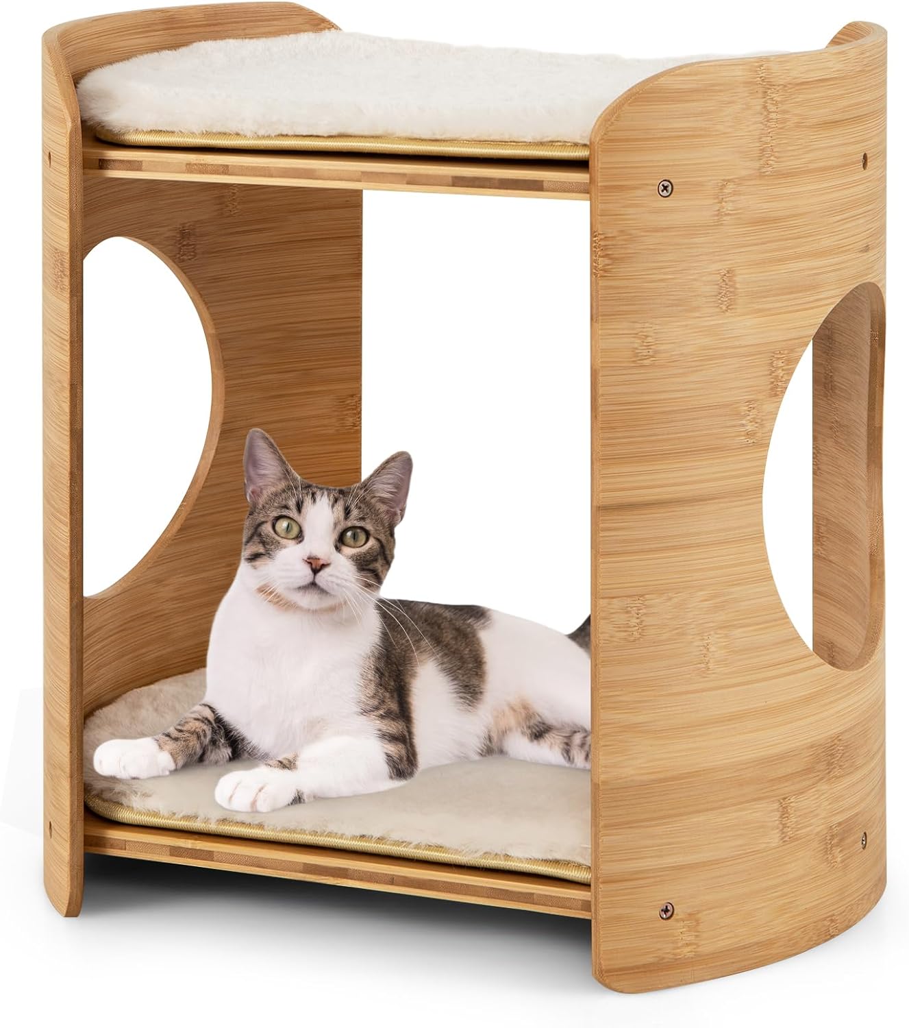 Tangkula Elevated Cat Bed for Indoor Cats, 2-Tier Cute Small Cat Tree Tower with Natural Bamboo Frame, Removable & Washable Soft Plush Mats, Cat Holes, Farmhouse Pet Furniture