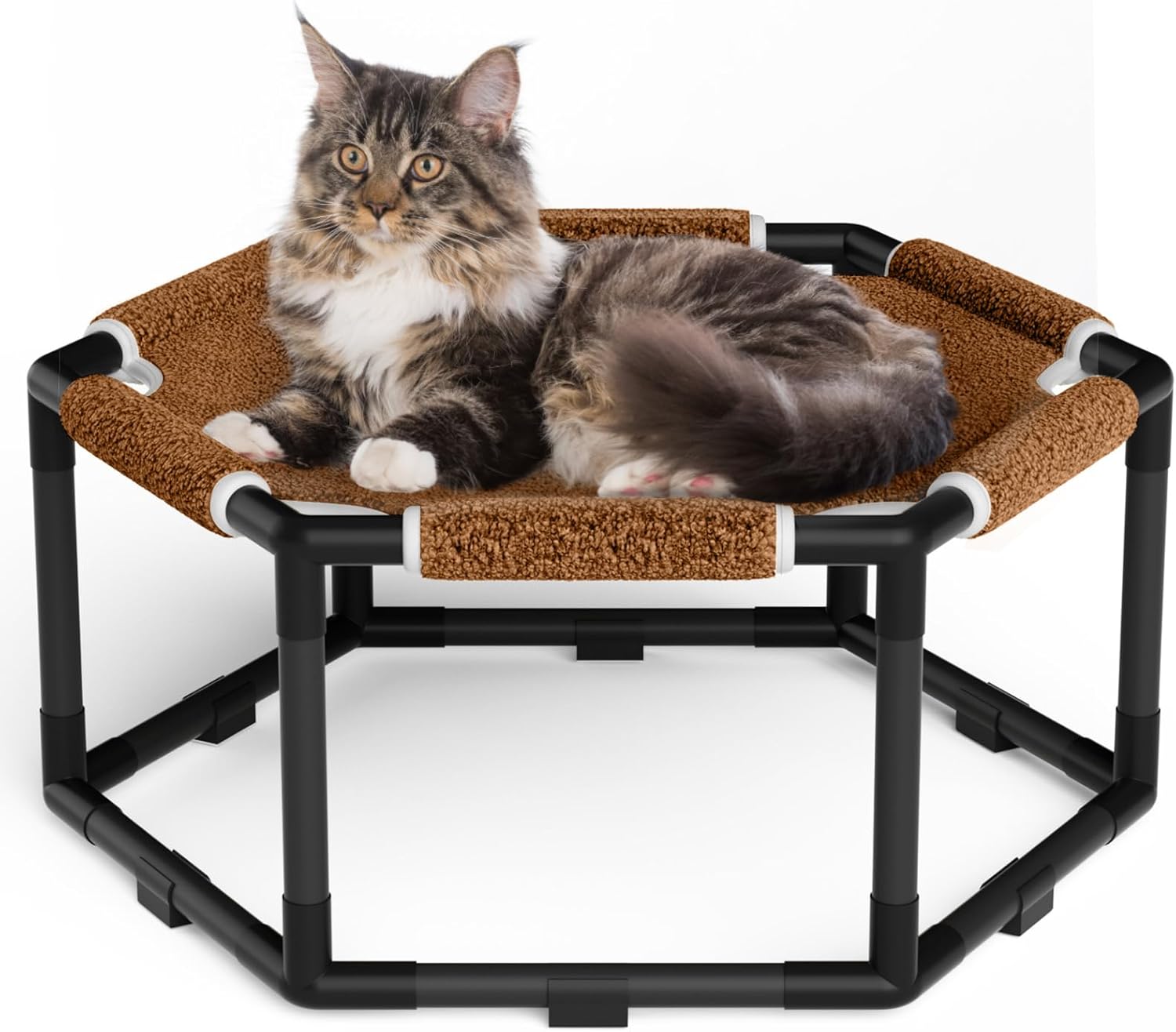 Tresbro Hexagon Warm Elevated Cat Bed with Thick Teddy Velvet & Anti-Slip Pads, Raised Cat Hammock Bed for Indoor and Outdoor Use, 20.5” x 18” x 9.4” Pet Hammock for Medium to Small Kitty