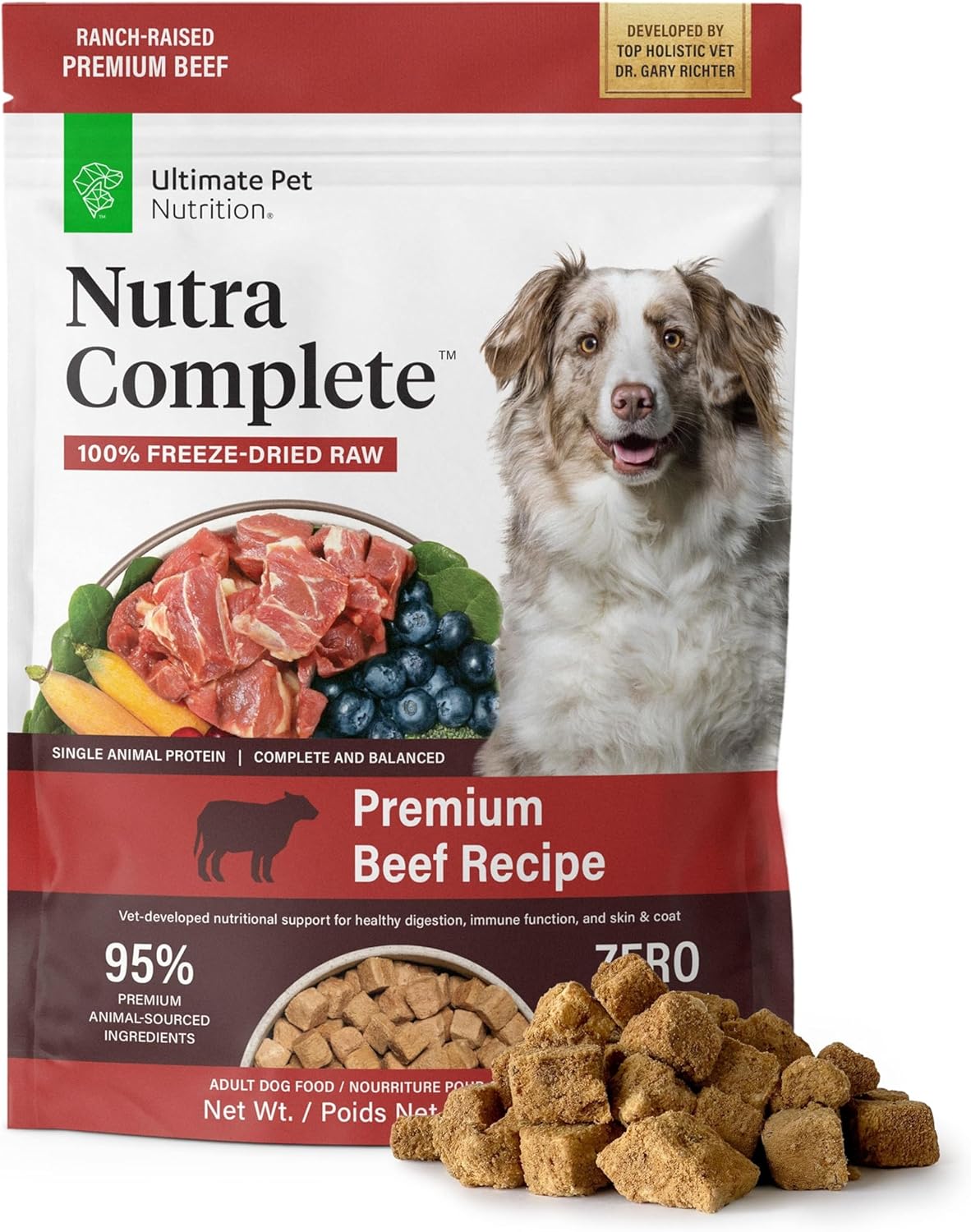 ULTIMATE PET NUTRITION Nutra Complete, 100% Freeze Dried Raw Veterinarian Formulated Dog Food with Antioxidants Prebiotics and Amino Acids (1 Pound, Beef)