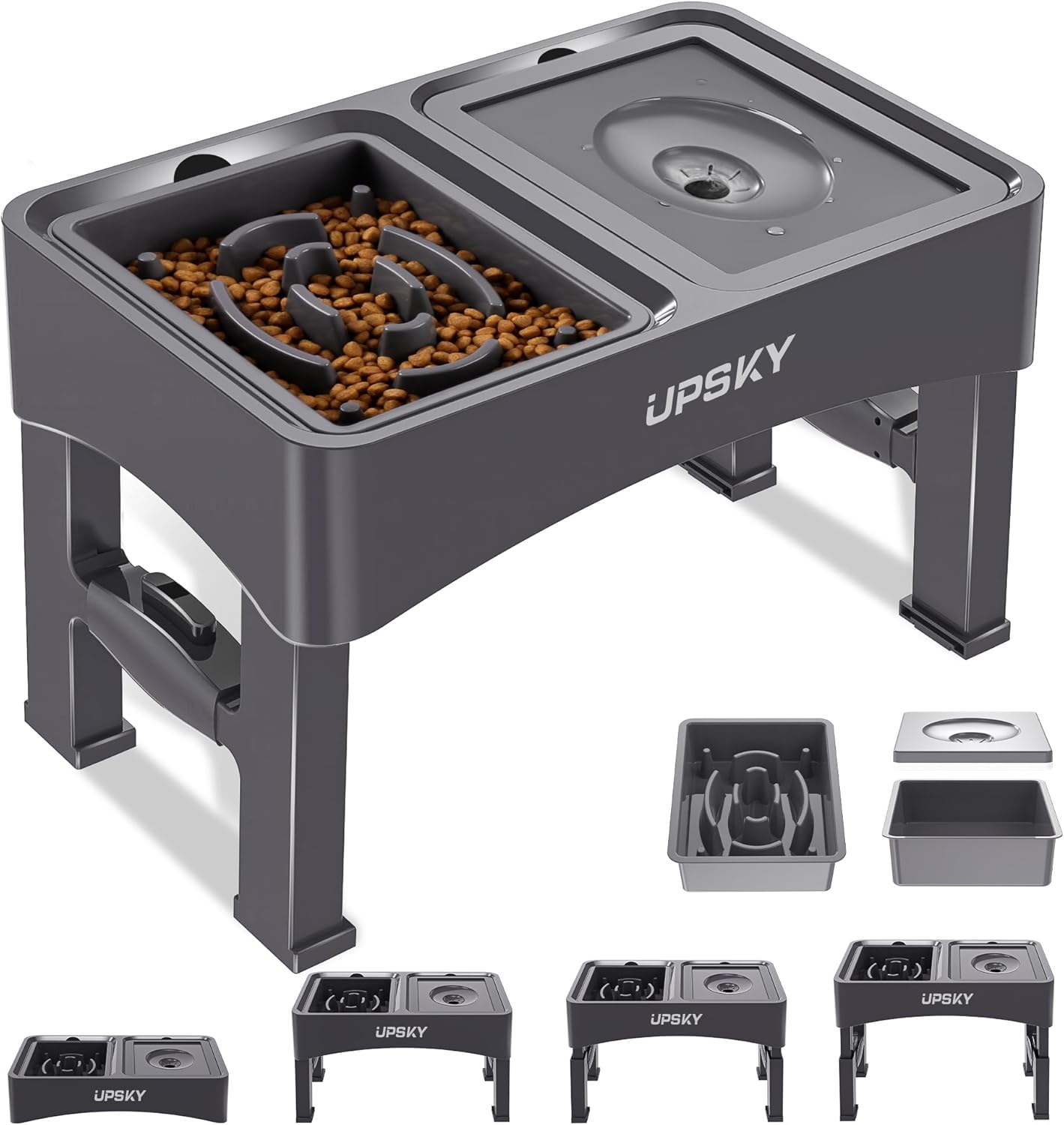 UPSKY 2-in-1 Elevated Dog Bowls Slow Feeder, 4 Height Adjustable Raised Dog Bowl Stand No Spill Dog Water Bowl Dispenser, Anti-Slip Dog Food and Water Bowl for Small Medium Dogs