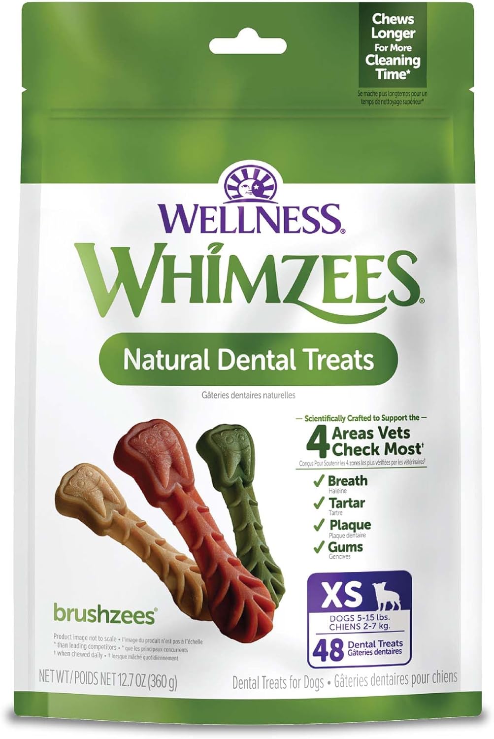 Wellness WHIMZEES Brushzees Dog Dental Treats, Natural Chews, Extra Small Size Stick, (48 Count)