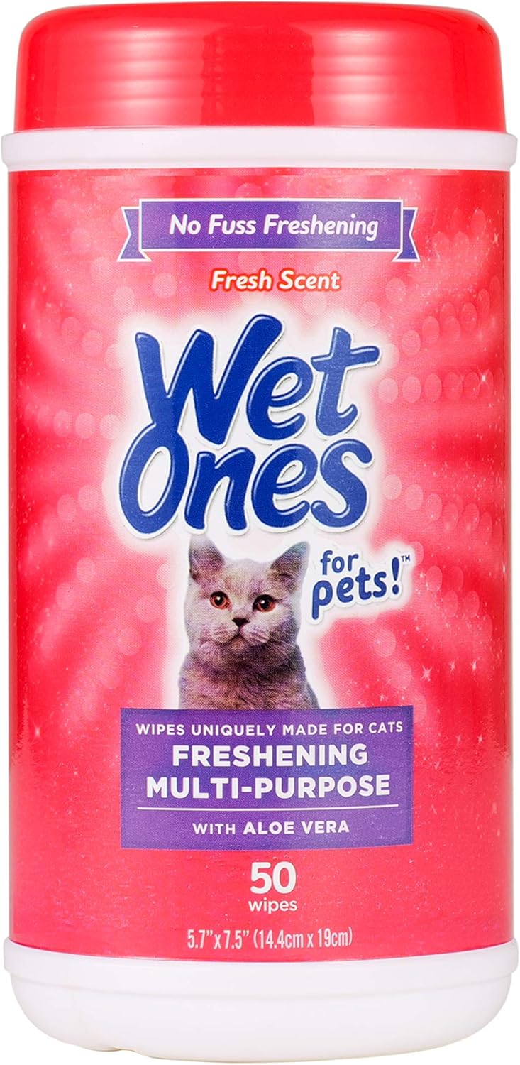 Wet Ones for Pets Cat Cleaning Wipes – Fresh Scent Cat Grooming Wipes with Aloe Vera – Safe Cat Hygiene Supplies – Cat Fur Cleaner – Cat Dander Wipes – Kitten Wipes – Pet Cleaning Supplies – 50 Count
